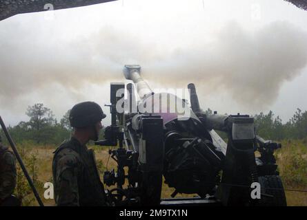 In Fort Bragg, North Carolina, feuern Mitarbeiter des US Marine Corps (USMC) mit den 10. Marines, 2. Marine Division, eine 96 kg schwere 155mm Artillerierunde von einem M198 gezogenen Howitzer ab, während sie den DONNER 2003 trainieren. (Unterdurchschnittliches Bild). Betreff Betrieb/Serie: ROLLING THUNDER 2003 Base: Fort Bragg Bundesstaat: North Carolina (NC) Land: Vereinigte Staaten von Amerika (USA) Stockfoto