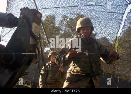 US Marine Corps (USMC) Corporal (CPL) Turner, mit den 10. Marines, 2. Marine Division, feuert eine 96 Pfund schwere Kugel von einem M198 gezogenen Howitzer ab, während des Trainings ROLLING THUNDER 2003 in Fort Bragg, North Carolina. Betreff Betrieb/Serie: ROLLING THUNDER 2003 Base: Fort Bragg Bundesstaat: North Carolina (NC) Land: Vereinigte Staaten von Amerika (USA) Stockfoto