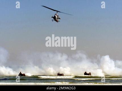 Ein US Marine Corps (USMC) AH-1W Super Cobra Helikopter bietet Unterstützung aus der Luft, während drei Amphibious Assault Fahrzeuge (AAV7A1) in Richtung Strand fahren, während eines Amphibienangriffs auf Jacksonville Beach, Florida (FL), zur Unterstützung des spektakulären Events Sea and Sky in der Stadt. Basis: Jacksonville Bundesstaat: Florida (FL) Land: Vereinigte Staaten von Amerika (USA) Stockfoto