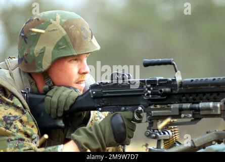 031107-M-6515T-303. US Marine Corps (USMC) Marine, die den Small Arms Weapons Instructor Course besucht, feuert die 5,56mm M249 Squad Automatic Weapon (SAW) auf dem Gelände der Marine Corps Base (MCB) Quantico, Virginia (VA) ab. Stockfoto