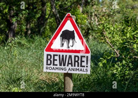 Warnzeichen für wilde Aminalen. Kruger-Nationalpark, Südafrika. Stockfoto