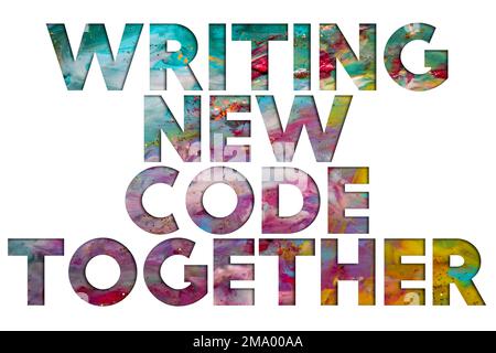 Abstrakte natürliche Luxuskunst, fließende Malerei mit dem Schreiben von New Code Together Text, Alkohol-Tinte-Technik. Das Bild umfasst die Wirbel aus Marmorgranit Stockfoto