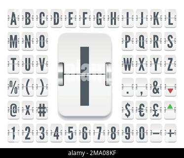 Weißes Flughafen-Terminal mechanisches Flip-Scoreboard mit Zahlen zur Anzeige von Börsenkursen oder Abflug-, Ziel- oder Ankunftsdaten und Flugplan. Vektordarstellung. Stock Vektor