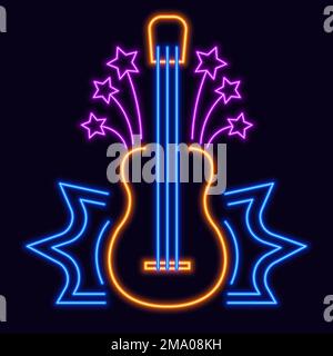 Gitarrenlogo für Nachtclub oder Festival, isoliertes Neonboard mit Streichinstrument. Rock 'n' Roll, Sterne und glänzende Linien und Dekoration. Name oder stic Stock Vektor