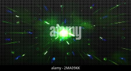 Grünes Licht mit Lichtreflexion, leuchtendem Burst mit Strahlen, Glitzern, Lichtern und Bokeh. Abstrakter Hintergrund mit Effekt von schneller Bewegung oder Lichtfl Stock Vektor