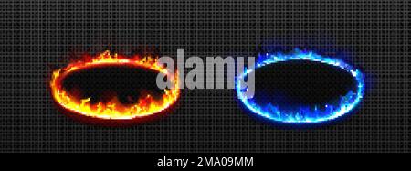 Runde Rahmen mit Feuer. Brennringe mit Flamme, Leuchteffekt und Funkeln. Gelbe und blaue feurige Plattformen in perspektivischer Sicht isoliert auf Transparent Stock Vektor