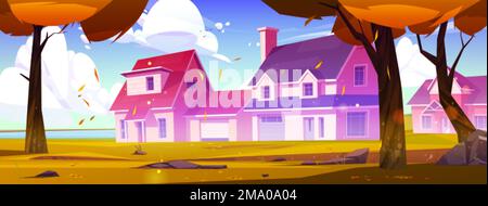 Dorfhäuser an der Flussküste im Herbst. Landschaftslandschaft, Herbst-Naturpanorama mit Hütten am Seeufer, Bäumen mit Orangenblättern und Gras i Stock Vektor
