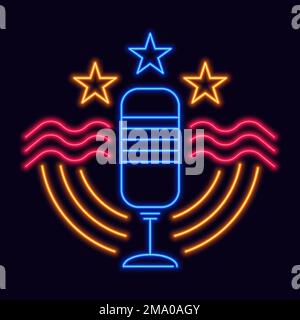 Karaoke Bar Neon-glänzendes Brett für Unterhaltungseinrichtungen. Isoliertes Retro-Mikrofon und Wellen, Sterne und dekorative Linien. Etikett oder Aufkleber, Protokoll Stock Vektor