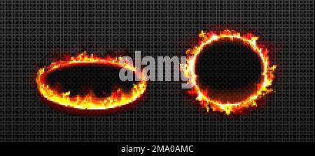 Runde Rahmen mit Feuer. Brennringe mit Flamme, Leuchteffekt und Funkeln. Gelbe orangefarbene feurige Plattformen in Perspektive, Vorderansicht isoliert auf Trans Stock Vektor