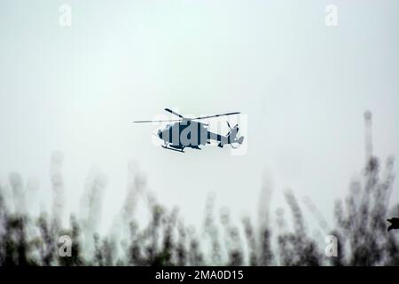 Der Kampfhubschrauber fliegt gegen den isolierten blauen Himmel. Kampfhubschrauber, Kampffeind. Stockfoto