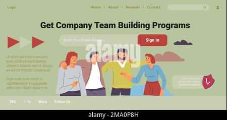 Teambuilding-Programme, Wochenendspaß für Mitarbeiter. Zeit mit Kollegen zu verbringen, die Beziehungen aufbauen. Betriebsfürsorge für Arbeiter. Landing-Page der Website Stock Vektor