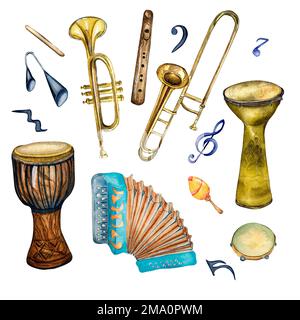 Set aus Jazzinstrumenten und Symbolen, Darstellung in Aquarellfarben, isoliert. Akkordeon, Djembe, Tuba, Flöte, Conga, handgezeichnet. Entwurfselement für 'Fliegen' Stockfoto