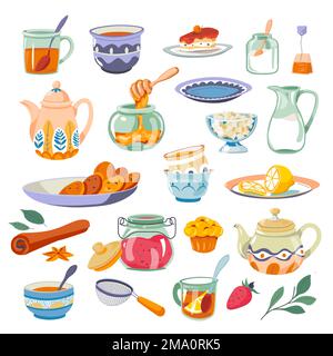 Desserts und warmer Tee, isolierte Tasse Getränke, Milch und Tassen. Himbeermarmelade im Glas, Erdbeere und Minze, Zitrone und Honig, Kekse und Zimtstäbchen Stock Vektor