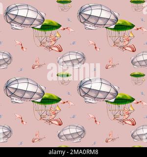 Retro Aerostate Vintage-Stil, nahtloses Aquarellmuster, isoliert auf Pink. Flugzeuge, Luftschiffe, handgezeichnet. Süßes, kindisches Design Stockfoto