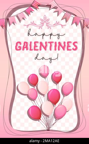 Pinke Grußkarte „Galentines“. Ballons und Flaggen auf karierter Textur. Stock Vektor