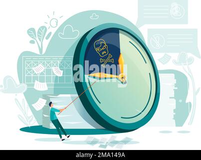 Vektor des Geschäftskonzepts für Termin- und Zeitmanagement. Große Uhren und ein eiliger Arbeiter, der mit dem Seil an der Uhrenhand zieht, versucht, die Zeit anzuhalten oder zu verlangsamen, flache Illustration Stock Vektor