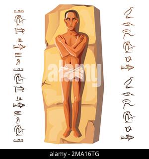 Ägyptische Leiche, Mumifizierungsprozess, erste Phase, Vektorgrafik. Menschliche Leiche mit Händen, Brust liegt auf Stein, isoliert auf weißem Hintergrund. Kult der Toten aus dem alten Ägypten Stock Vektor