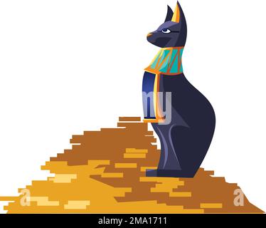 Alte ägyptische Göttin Katzenvektor-Zeichentrickfilm-Illustration. Ägyptisches Kultursymbol, schwarze Statue der Göttin Bastet, heiliges Tier mit einem Haufen Goldmünzen auf weißem Hintergrund Stock Vektor