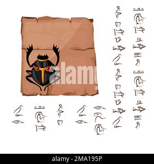 Altes ägyptisches Papyrus Teil oder Steinsäule mit heiliger Skarabäus-Käfer-Vektordarstellung. Ägyptisches Kultursymbol, unbeschriftetes, antikes Papier mit Ibis und Hieroglyphen, isoliert auf Weiß Stock Vektor