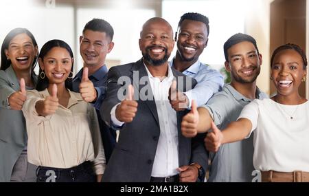 Sie haben unsere volle Unterstützung. Abgeschnittenes Porträt einer vielfältigen Gruppe von Geschäftsleuten, die im Büro die Daumen nach oben drücken. Stockfoto