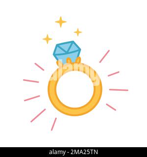 Ring mit Diamantsymbol, Verlobungs- und Ehering-Illustration. Liniendesign, Vector Flat Illustration, Doodle Style. Illustration zum Valentinstag Stock Vektor