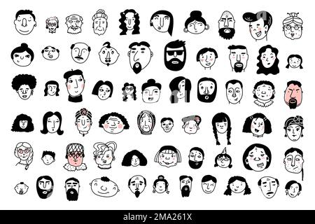 Doodle niedliche Gesichter gesetzt. Handgezeichnete Umrisse von Personen auf weißem Hintergrund isoliert. Human Avatar Collection. Cartoon junge, alte verschiedene Nationalitäten wom Stock Vektor