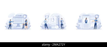 Das Konzept der Krankenversicherung. Menschen und Arzt stehen an der großen Zwischenablage mit Dokument drauf. Gesundheitswesen und medizinische Dienste, flacher Vektor-Mod Stock Vektor