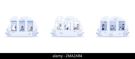 Fassade mit Fenstern. Home Office während des Coronavirus-Ausbruchs Konzept, Menschen arbeiten von zu Hause, bleiben zu Hause, flachen Vektor moderne Illustration Stock Vektor