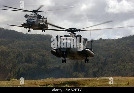 040717-N-6932B-203. [Complete] Bildunterschrift: US Marine Corps (USMC) CH-53D Sea Hallion Helicopters, Marine Heavy Helicopter Squadron 363 (HMH-363), Red Lions, Kaneohe Bay, Hawaii (HI), nähern sich einer Landezone, um ein 3. Marine Regiment (MAR REGT) einzufügen Rettungskräfte während einer taktischen Bergung von Luftfahrzeugen und Personal zur Unterstützung der Übung RIM DES PAZIFIKS (RIMPAC) 2004. RIMPAC ist die größte internationale Seefahrt-Übung in den Gewässern rund um die hawaiianischen Inseln. Die diesjährige Übung umfasst sieben teilnehmende Länder: Australien, Kanada, Chile, Japan, Südkorea, der Vereinigte König Stockfoto