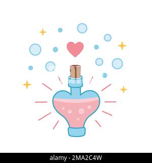 Von Hand gezogene Vektorflasche mit Liebestrank und Bläschen. Vektorsymbol für Valentinstag. Magische Getränkeillustration. Cartoon-Style, flaches Design Stock Vektor