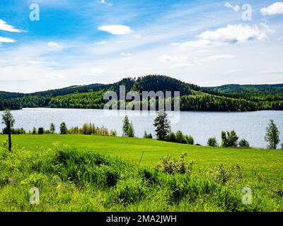 4. Juni 2022, in der Nähe des Dorfes Gallo, Jamtland, Schweden: Ein Blick auf eine wunderschöne schwedische Landschaft an einem sonnigen Tag. Die skandinavischen Länder verfügen alle über einzigartige Landschaften, die nur dort zu finden sind. Daher ist es nicht überraschend, dass die skandinavischen Länder das ganze Jahr über unzählige Touristen empfangen. Schweden verfügt auch über mehr als tausend Meilen Küste. Jeder in Schweden kann die Wälder, die Berge, die Seen und das Meer genießen, dank des so genannten jedermanns Rechts. Weit oben im Norden sind die Sommer besonders besonders, weil die Sonne für ein paar Wochen gar nicht untergeht und immer noch auf mi scheint Stockfoto