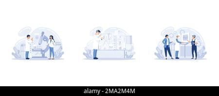 Medizinische Forschung, Labordiagnostik, Medizintechnik-Design und Entwicklung Vektorset. Biotechnologie und -Wissenschaft, Chemieingenieurwesen, Stock Vektor