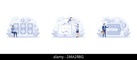 Kryptowährungs-Bitcoin-Mining-Konzept, Blockchain-Technologie. Cyber-Banking-Verfahren, Bitcoin-Handel und Geldbörse. E-Currency-Transaktionen, festgelegt Stock Vektor