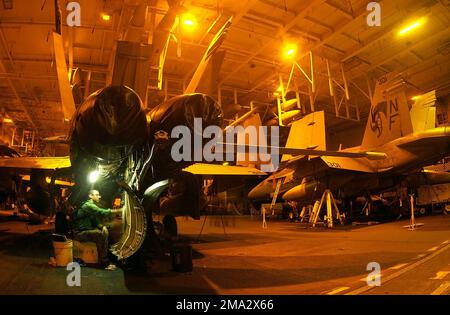 040813-N-5464G-001. [Complete] Bildunterschrift: US Navy (USN) Aviation Machinist's Mate Third Class (AD3) Melvir Gutierrez und USN Aviation Machinist's Mate AIRMAN (ADAN) Kim Espat führen eine 42-tägige Inspektion eines Flugzeugs der USN F/A-18 Hornet, Strike Fighter Squadron 192 (VFA-192), Naval Air Facility (NAF), Japan, durch. An Bord des USN Aircraft Carrier USS KITTY HAWK (CV 63). Eine 42-tägige Inspektion ist eine regelmäßige Inspektion des Materialzustands für verschiedene Systeme innerhalb der Hornet. Der HAWK ist eine von sieben Trägerstreikgruppen (CSG), die am SOMMERPULS 2004 beteiligt sind. SUMMER PULSE 2004 ist der Einsatz o Stockfoto
