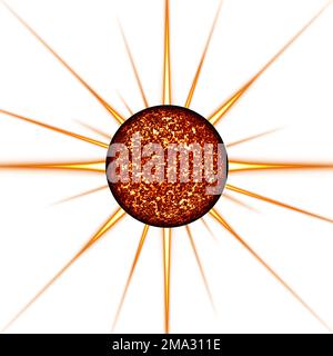 3D-Darstellung der Sonne und der auf Weiß isolierten Strahlen Stockfoto