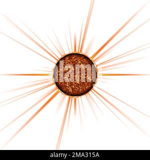 3D-Darstellung der Sonne und der auf Weiß isolierten Strahlen Stockfoto