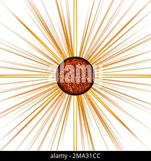 3D-Darstellung der Sonne und der auf Weiß isolierten Strahlen Stockfoto