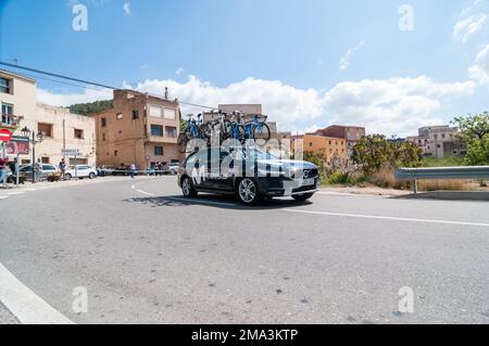 Movistar Team-Auto. Volta Catalunya 2019. Volta Road Radfahren in Katalonien. Picamoixons, Tarragona, Katalonien, Spanien Stockfoto