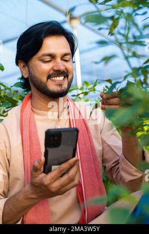 Vertikaler Junglandwirt, der das Wachstum von Pflanzen aus der Mobiltelefonanwendung im Green House prüft - Konzept von Technologie, Kleinunternehmen und Moderne Stockfoto