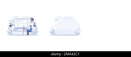 Online-Geschäftstreffen, Arbeit von zu Hause aus, Software für Videokonferenzen und Online-Kommunikation. Personen, die Computer für gemeinsame virtuelle Meetings verwenden Stock Vektor