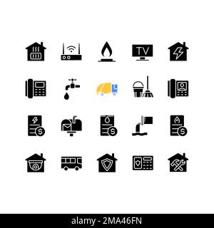 Schwarze Glyphen-Symbole für öffentliche Versorgungsunternehmen, die auf weißen Flächen gesetzt sind Stock Vektor