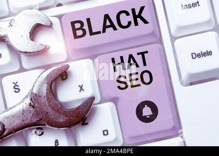 Konzeptunterschrift Black hat Seo. Geschäftsansatz Suchmaschinenoptimierung Einsatz von Techniken zur Motivierung von Browsern Stockfoto