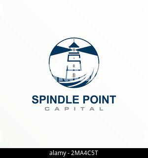 Einzigartiger Leuchtturm oder Spindle Point mit Strandwellenbild Grafiksymbol Logo abstraktes Vektormaterial. Symbol für das Meer oder die Beleuchtung Stock Vektor