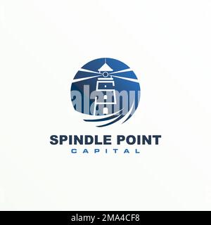 Einzigartiger Leuchtturm oder Spindle Point mit Strandwellenbild Grafiksymbol Logo abstraktes Vektormaterial. Symbol für das Meer oder die Beleuchtung Stock Vektor