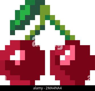 Reife Kirschen auf Stiel mit Blättern, Pixelstil Stock Vektor