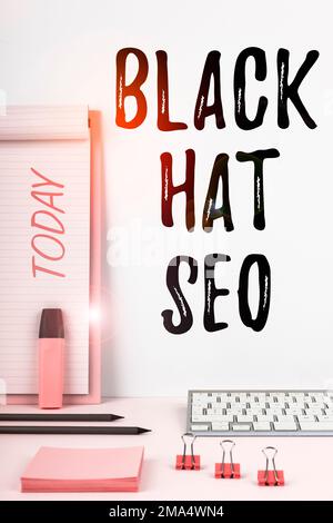 Konzeptunterschrift Black hat Seo. Konzeptfoto-Suchmaschinenoptimierung Einsatz von Techniken zur Motivierung von Browsern Stockfoto