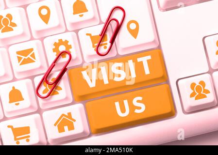 Schreiben von Anzeigetext Besuchen Sie uns. Unternehmensübersicht Einladung Webseite ansehen Link zum Homepage-Blog Internet Stockfoto