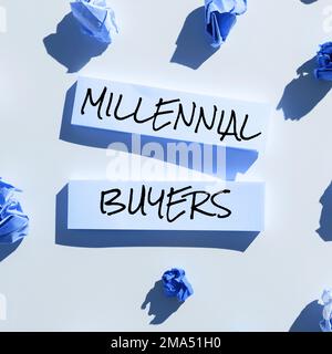 Text mit Inspiration für Käufer der Millennials. Wort für die Art der Verbraucher, die an Trendprodukten interessiert sind Stockfoto