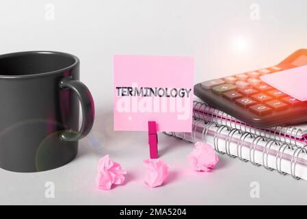Schreiben Textanzeige Terminologie. Wort, das auf Begriffen geschrieben wird, die bei bestimmten technischen Anwendungen in Studien verwendet werden Stockfoto