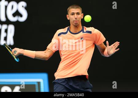 Melbourne, Australien. 19. Januar 2023. Alexei Popyrin aus Australien in Aktion während des Spiels der 2. Runde zwischen Taylor Fritz aus den USA und Alexei Popyrin aus Australien Tag 4 auf dem Australian Open Tennis 2023 in John Cain Arena, Melbourne, Australien, am 19. Januar 2023. Foto von Peter Dovgan. Nur redaktionelle Verwendung, Lizenz für kommerzielle Verwendung erforderlich. Keine Verwendung bei Wetten, Spielen oder Veröffentlichungen von Clubs/Ligen/Spielern. Kredit: UK Sports Pics Ltd/Alamy Live News Stockfoto